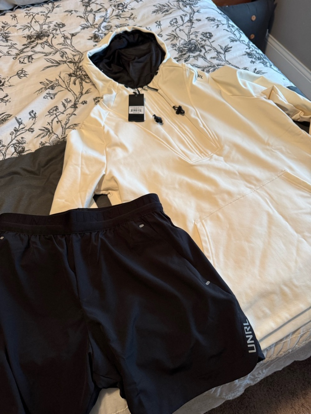 UNRL Men’s Cream Hooded Pullover Jacket with Black Shorts